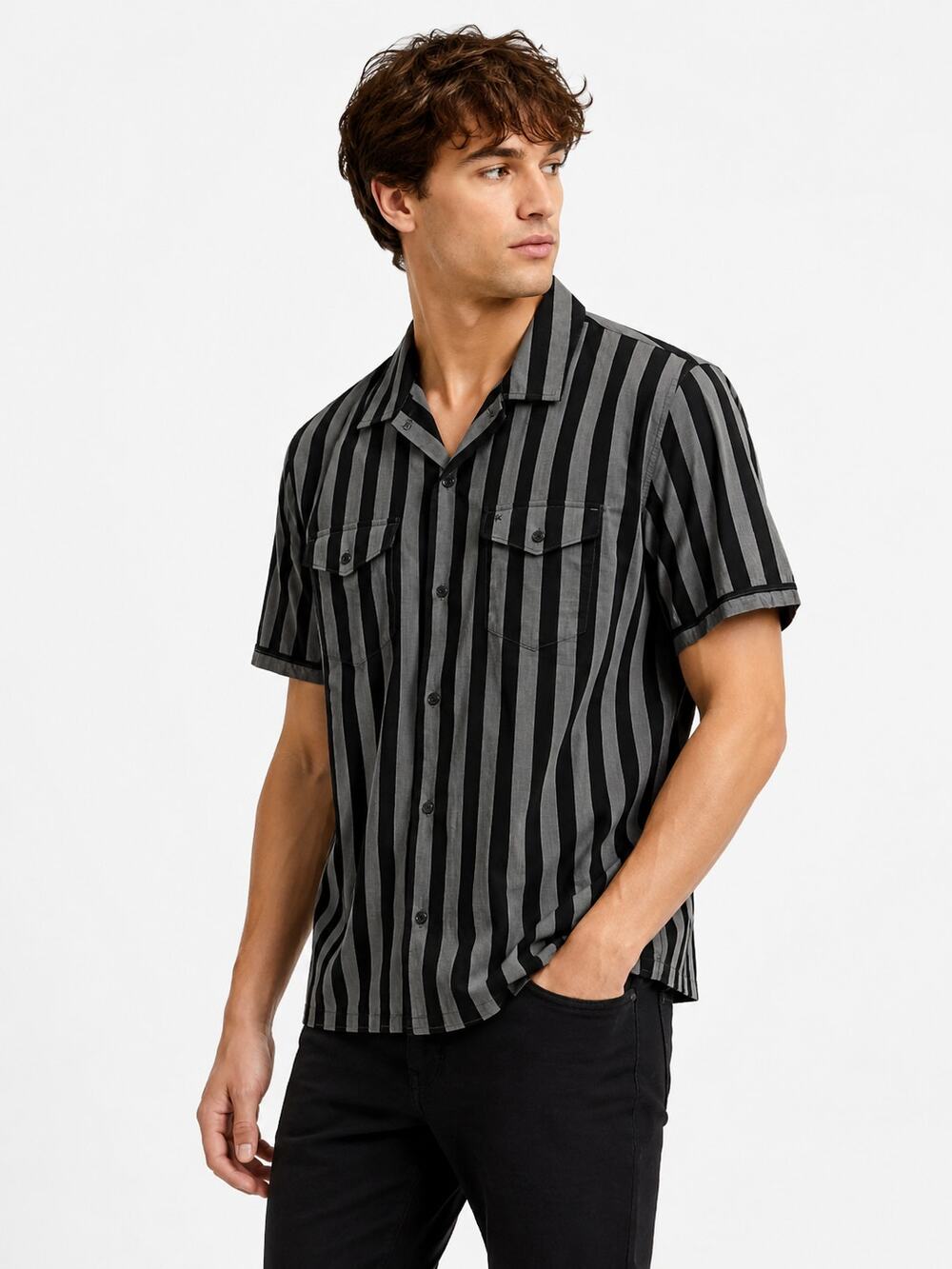 LR1950 CALVIN KLEIN BLACK GRAY STRIPED SHORT SLEEVE BUTTON UP SHIRT LARGE